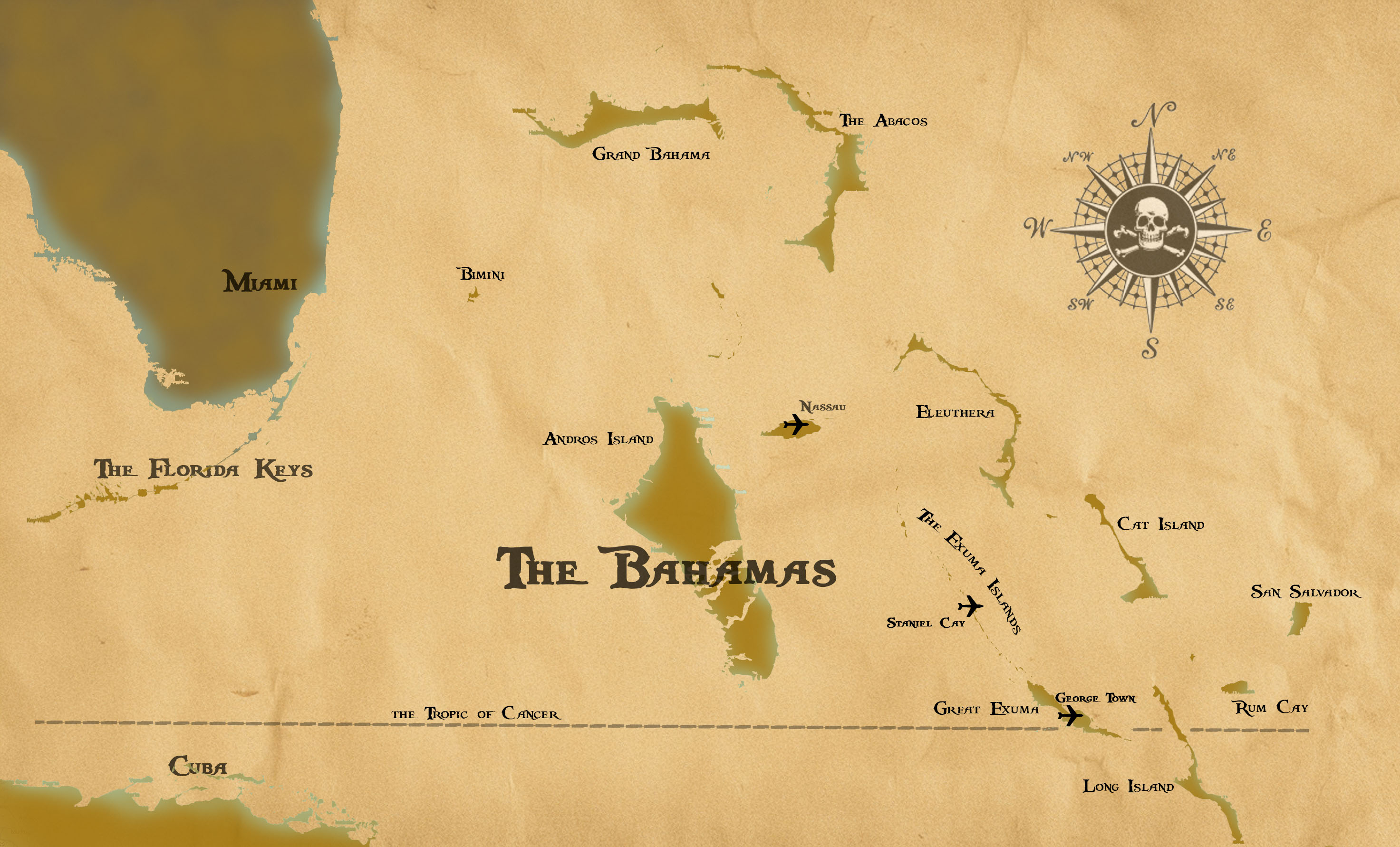 Pirate Map of The Bahamas and The Exuma Islands relative to Miami, FL on faded parchment paper.